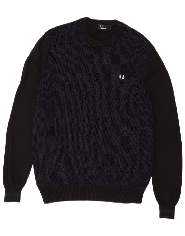 Męski sweter Fred Perry z okrągłym dekoltem, duży granatowy, wełniany blok kolorów