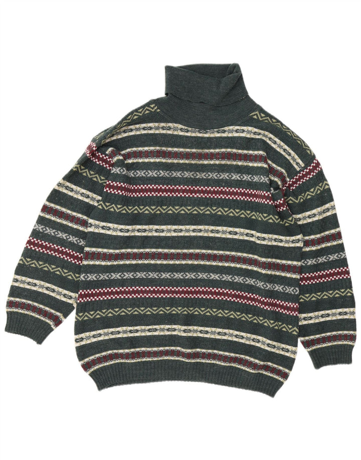 Vintage męski sweter z golfem, duży zielony Fair Isle