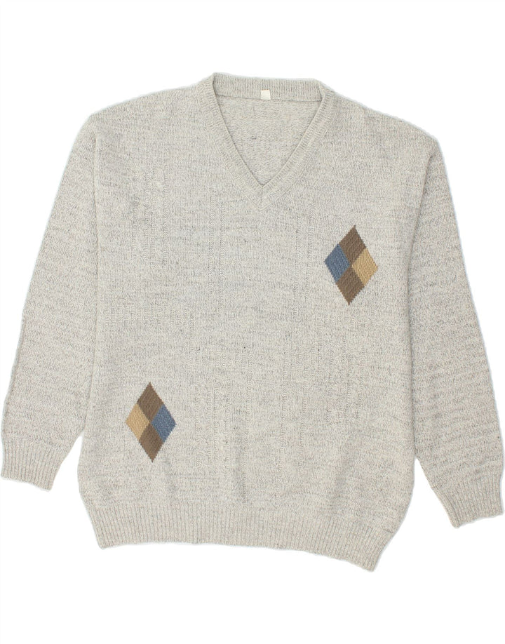 VINTAGE Mens V-Neck Jumper Sweater Large Grey Argyle/Diamond Polyacrylic Vintage Vintage and Second-Hand Vintage from Messina Hembry 