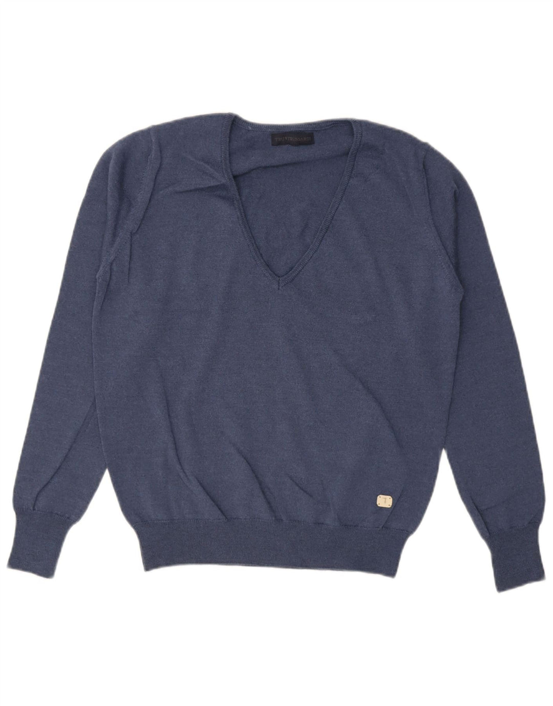 Męski sweter Trussardi z dekoltem w kształcie litery V, średni granatowy, dziewicza wełna
