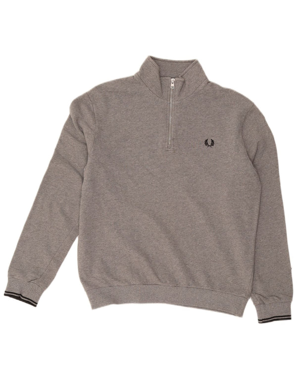 FRED PERRY Mens Zip Neck Sweatshirt Jumper Large Grey Cotton