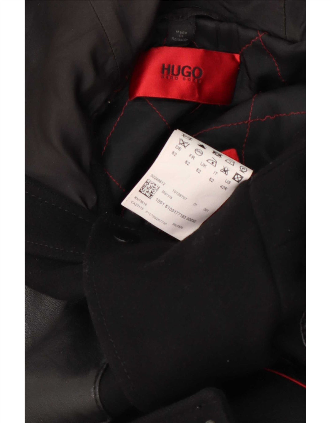 Męski płaszcz z kapturem Hugo Boss EU 52 XL, czarna wełna