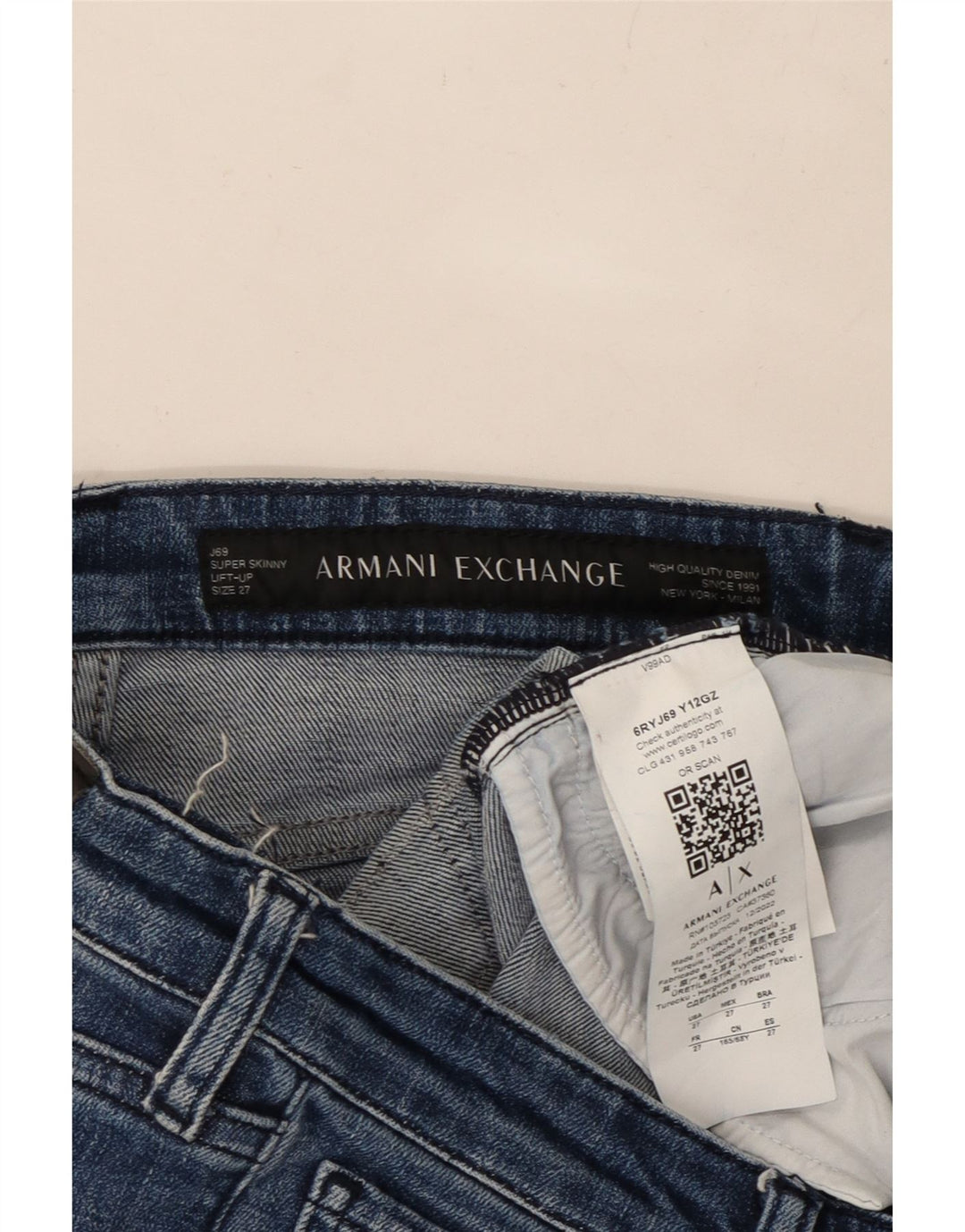 ARMANI EXCHANGE Damskie jeansy super obcisłe typu lift-up W27 L30 Niebieska bawełna