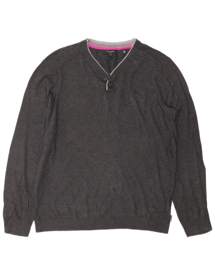TED BAKER Męski sweter z dekoltem w kształcie litery V, rozmiar 4, duży, szary, bawełniany