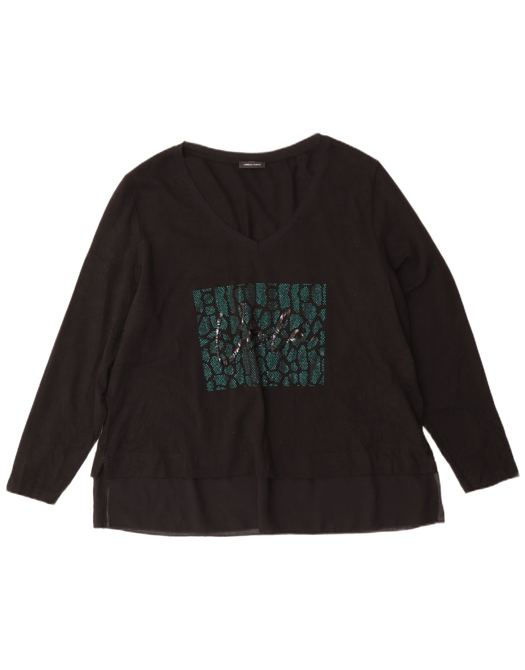 Damski top graficzny Fiorella Rubino z długim rękawem, UK 14, średnia czarna bawełna