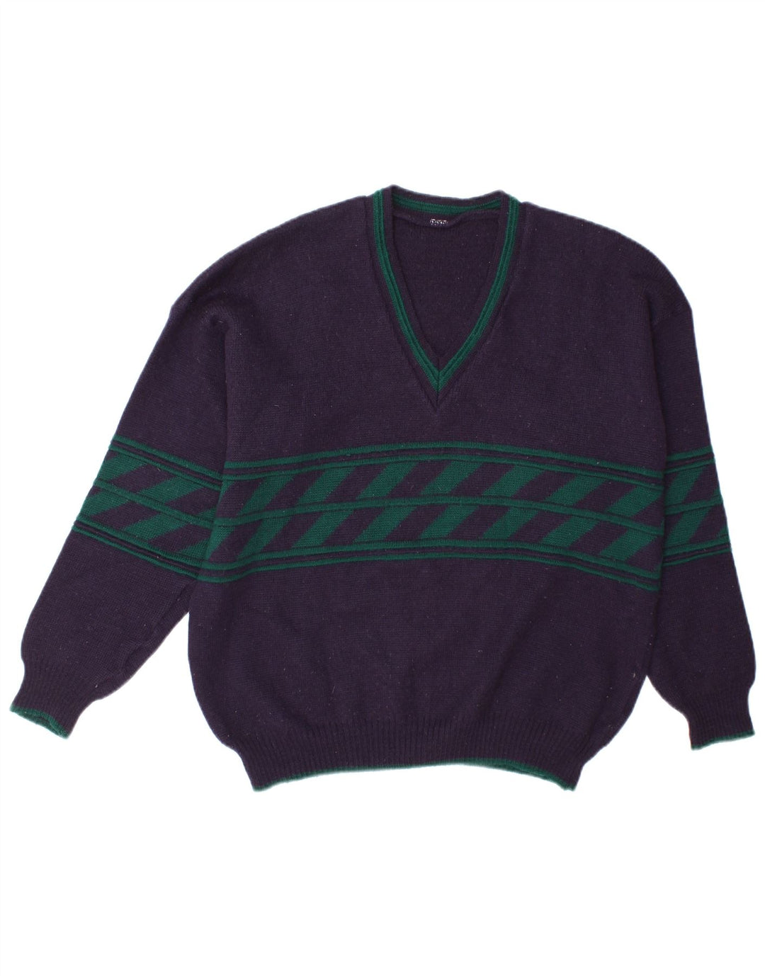 Vintage męski sweter z dekoltem w kształcie litery V, duży granatowy w paski
