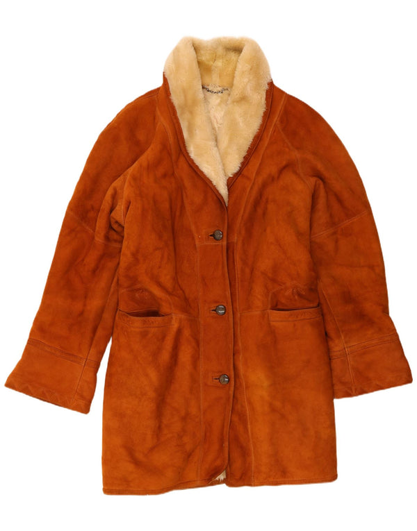 Vintage damski płaszcz z owczej skóry o luźnym kroju IT 48 XL, brązowa skóra