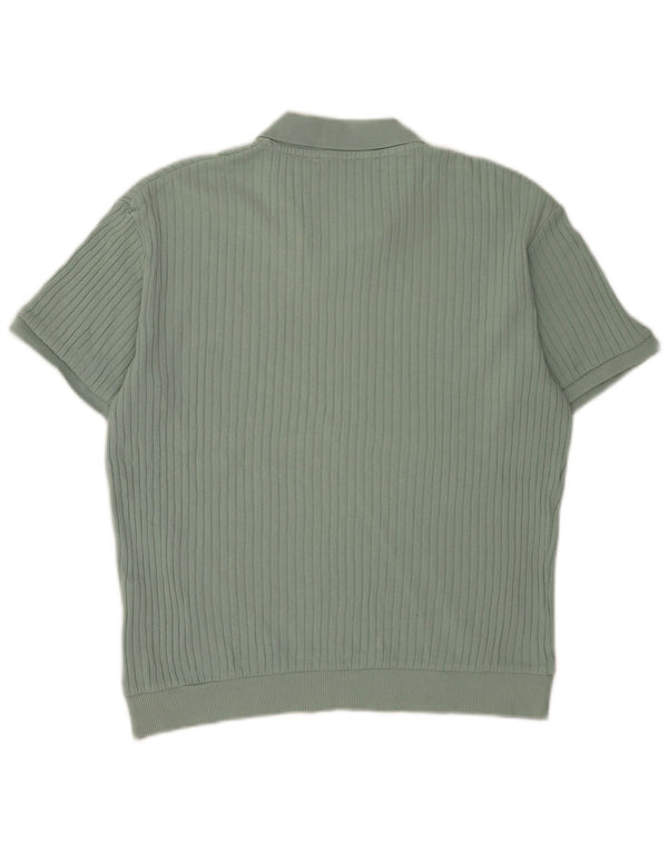 Zara Mens Short Sleeve Polo Neck Jumper Sweater Medium Green Cotton