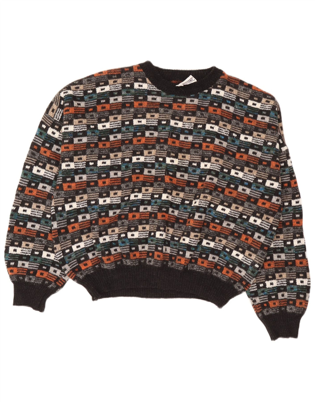 Vintage męski sweter z okrągłym dekoltem IT 54 XL wielobarwna geometryczna wełna