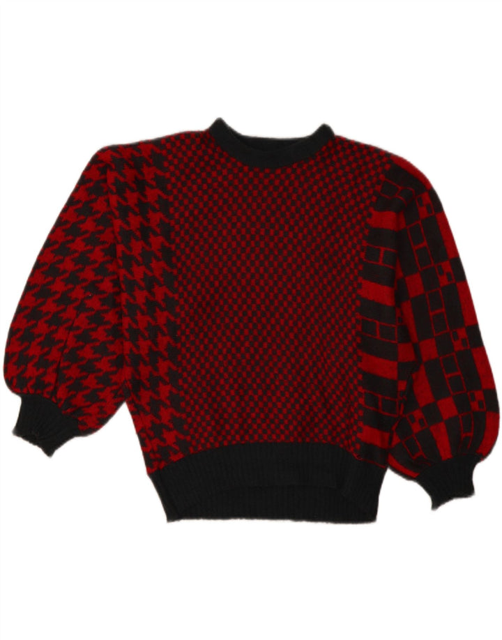Vintage damski sweter z dekoltem w łódkę UK 14, duży czerwony patchworkowy akryl