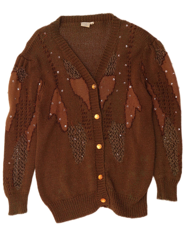 Vintage damski sweter rozpinany w abstrakcyjny wzór UK 14 średni brąz