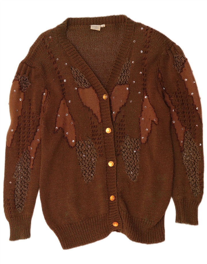 Vintage damski sweter rozpinany w abstrakcyjny wzór UK 14 średni brąz