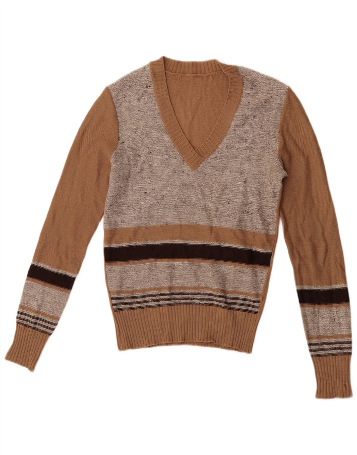 Vintage damski sweter z dekoltem w kształcie litery V IT 44 w średnie brązowe paski