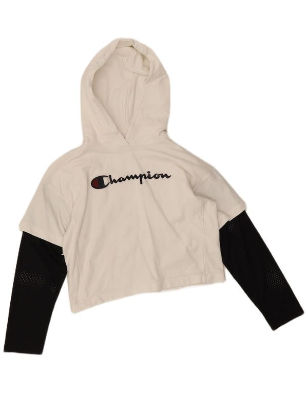 Champion Womens Graphic Crop Hoodie Jumper UK 6 XS White Colourblock Cotton