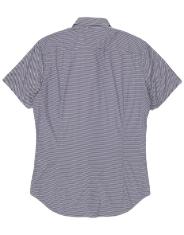 BONOBOS Męska dopasowana koszula z krótkim rękawem, mała, niebieska, nylonowa w prążki