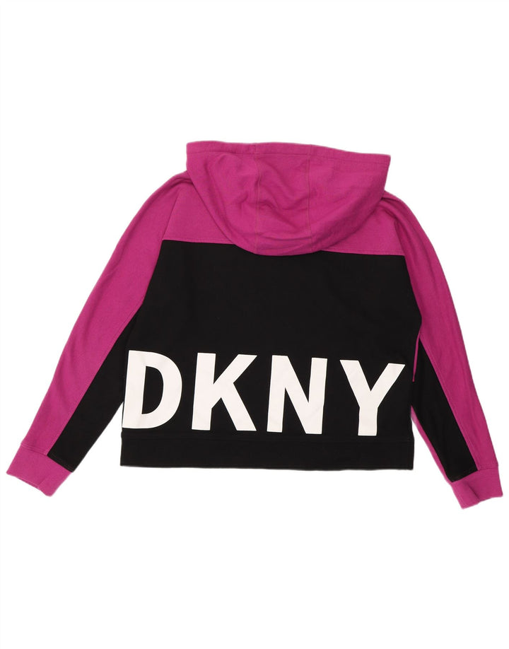 DKNY Womens Graphic Crop Hoodie Jumper UK 14 Medium Pink Colourblock Vintage Dkny and Second-Hand Dkny from Messina Hembry 