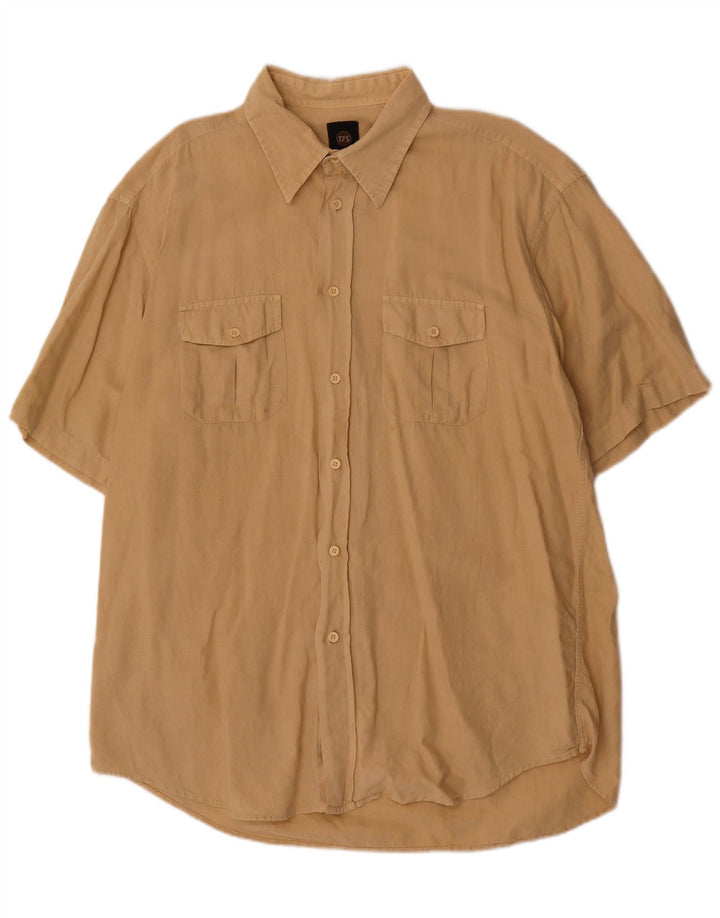 Vintage męska koszula z krótkim rękawem 2XL beżowa lniana