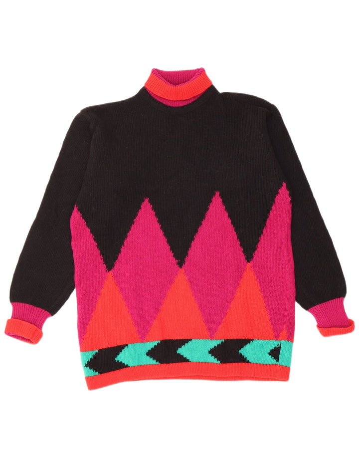 Sweter damski w stylu vintage z wywijanym dekoltem UK 12 Średni czarny Argyle/Diament