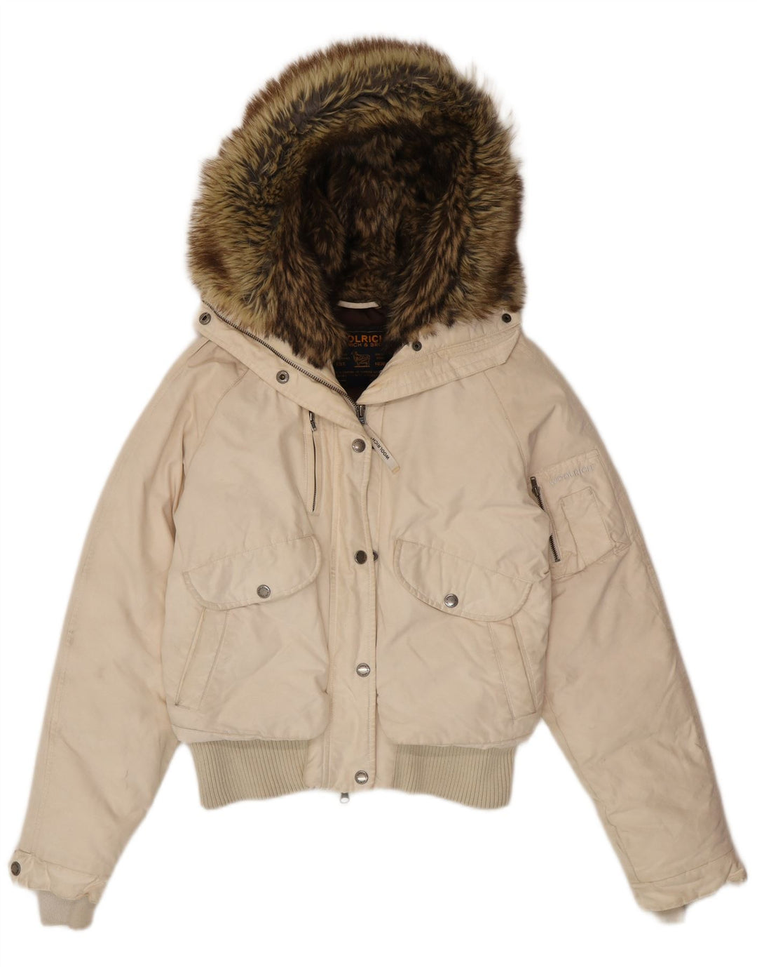 Damska ocieplana kurtka z kapturem Woolrich UK 14, średnia biała bawełna