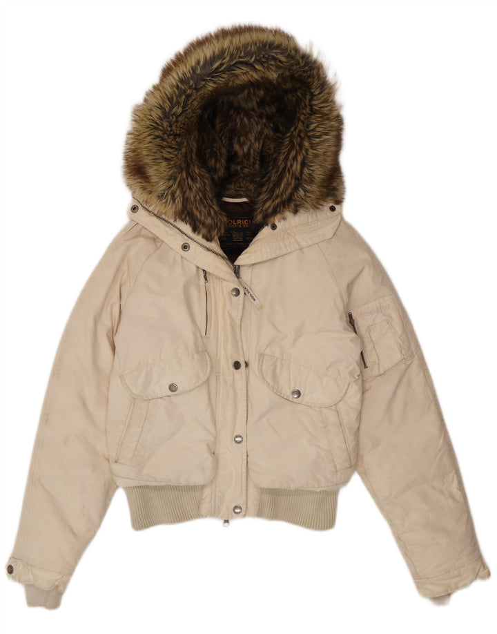 Damska ocieplana kurtka z kapturem Woolrich UK 14, średnia biała bawełna