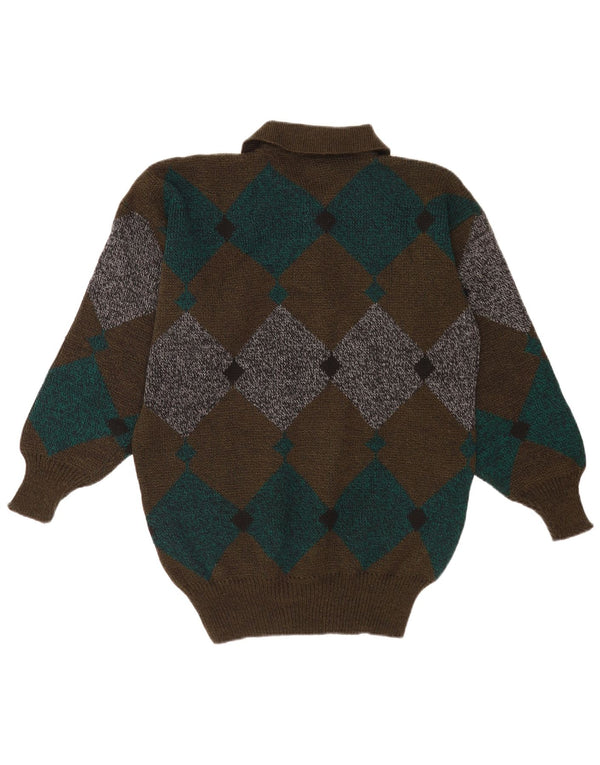Męski sweter z dekoltem w stylu vintage, średnio brązowy, argyle/diamentowy klasyczny