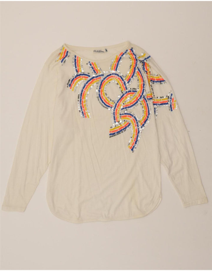 CARLA CARINI Womens Graphic Top Long Sleeve UK 14 Medium White Cotton Vintage Carla Carini and Second-Hand Carla Carini from Messina Hembry 
