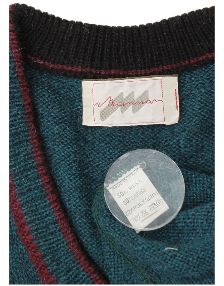 Vintage męski sweter z dekoltem w kształcie litery V, duży, niebieski, wełniany blok kolorów