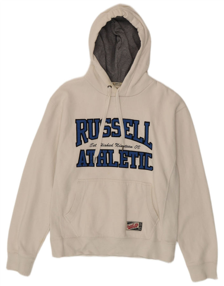 Męski sweter z kapturem i grafiką RUSSELL ATHLETIC, średniej wielkości, biały, bawełniany