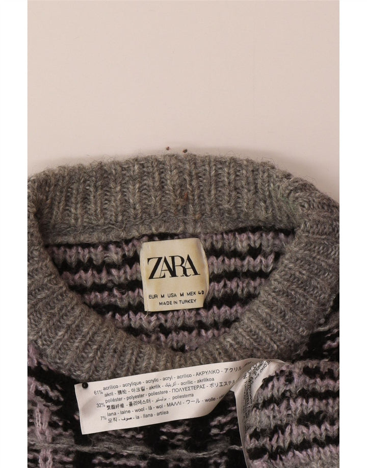 Męski sweter Zara z okrągłym dekoltem, średnioszary, akrylowy w kratkę