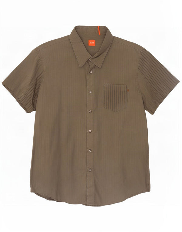 Męska koszula z krótkim rękawem Hugo Boss 2XL, bawełna w kolorze khaki w prążki