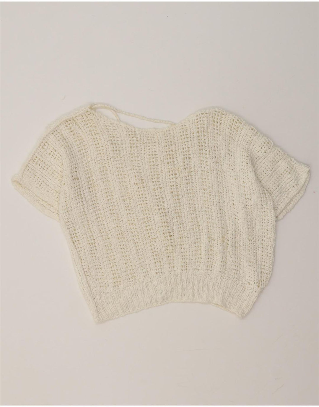 Vintage damski sweter z krótkim rękawem i dekoltem w kształcie litery V, UK 14, średni biały