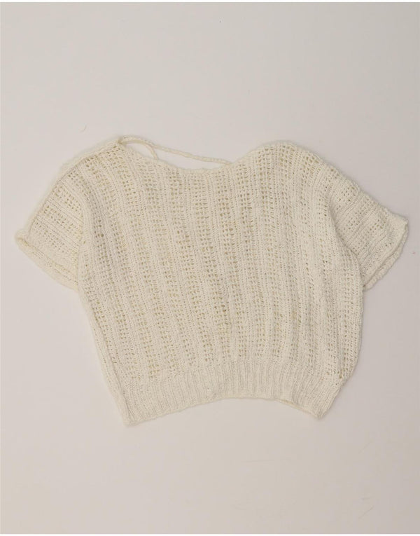 Vintage damski sweter z krótkim rękawem i dekoltem w kształcie litery V, UK 14, średni biały