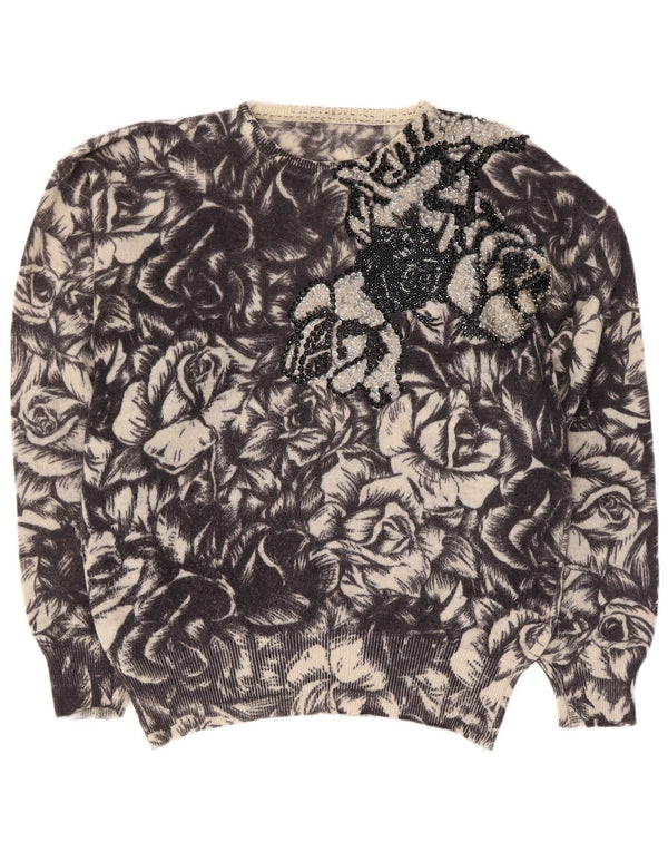 Sweter damski w stylu vintage z dekoltem w łódkę UK 12, średni czarny w kwiaty