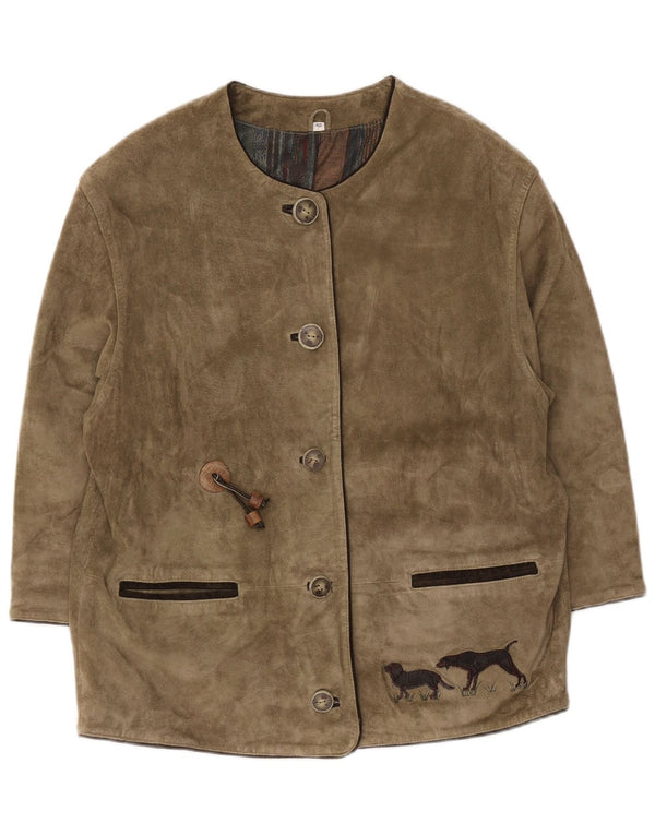 Męska zamszowa kurtka myśliwska w stylu vintage EU 42 z dużym nadrukiem zwierzęcym w kolorze khaki