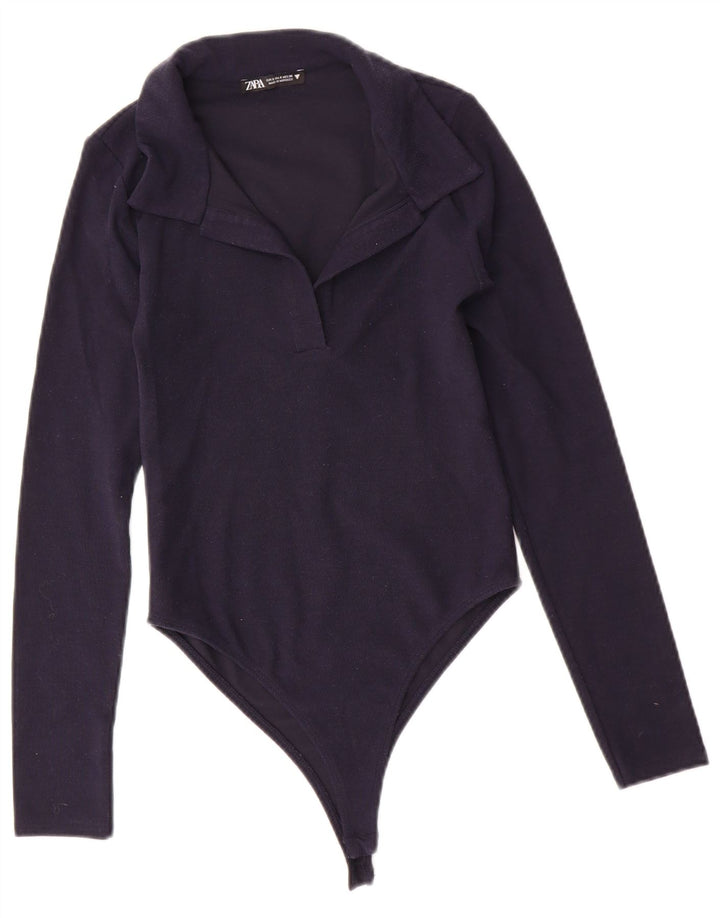 ZARA Womens Long Sleeve Bodysuit UK 8 Small Navy Blue