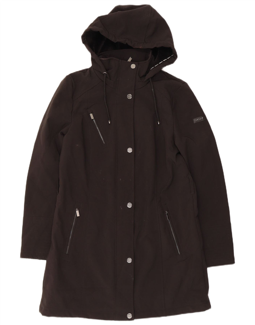 Damska kurtka parka z kapturem Dkny UK 12, średni czarny poliester