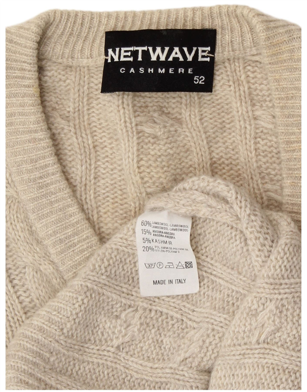 Męski sweter w stylu vintage z dekoltem w szpic IT 52, duży złamanej białej owczej wełny