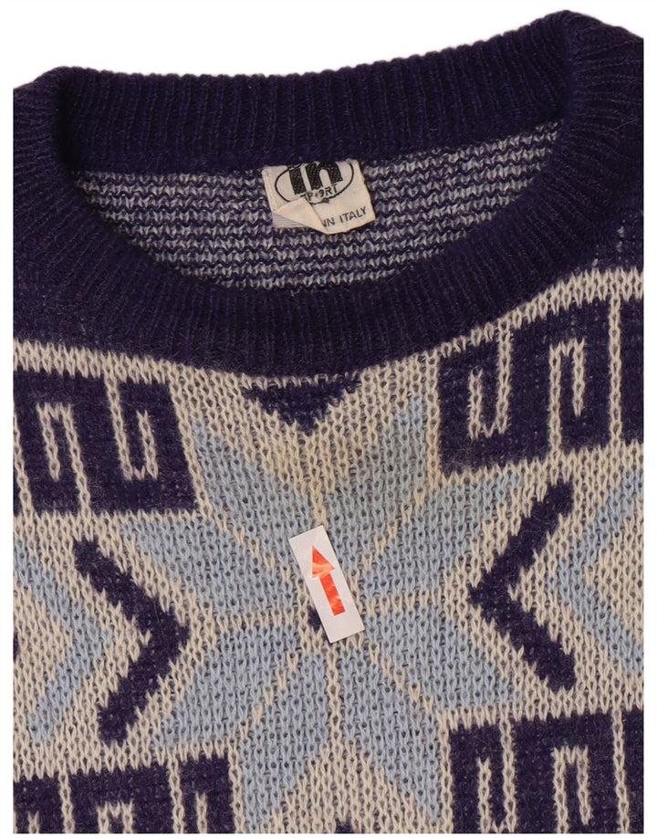 Vintage męski sweter z okrągłym dekoltem, średni granatowy geometryczny