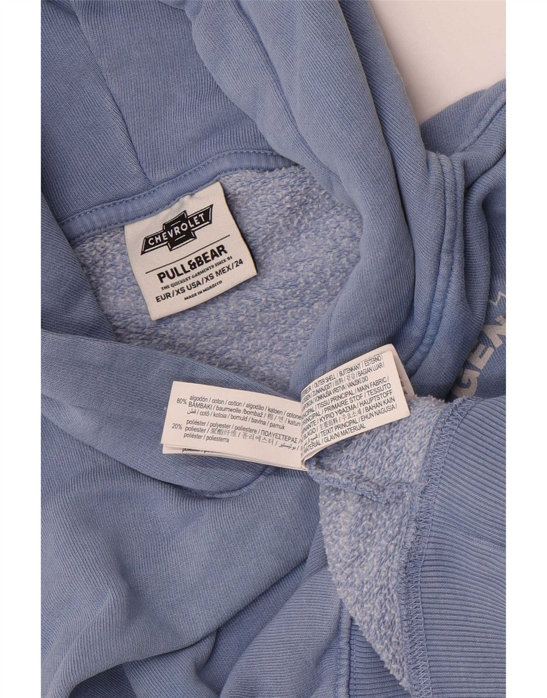 Damski sweter oversize z kapturem Pull & Bear z grafiką, UK 6 XS, niebieski, bawełniany