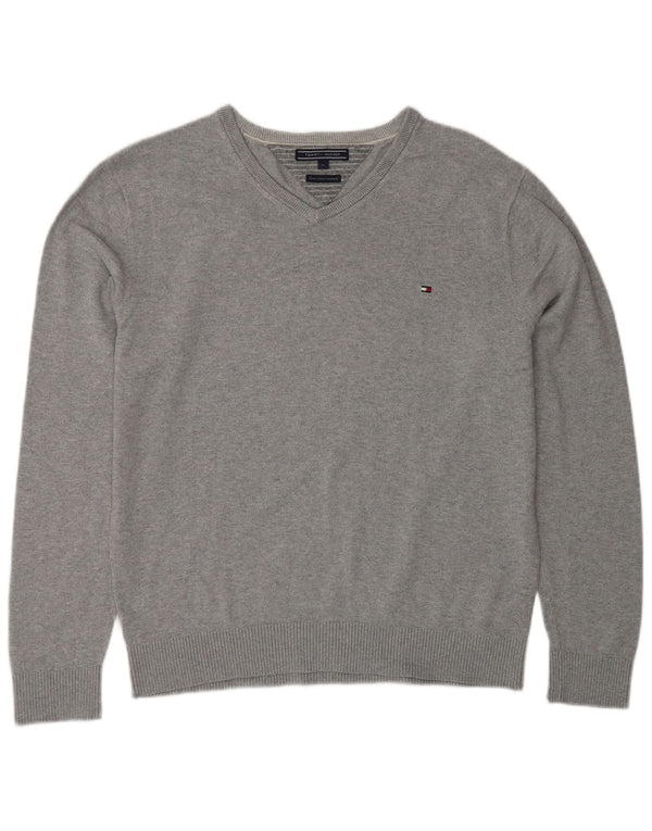 Męski sweter Tommy Hilfiger z dekoltem w kształcie litery V, duży, szary, bawełniany