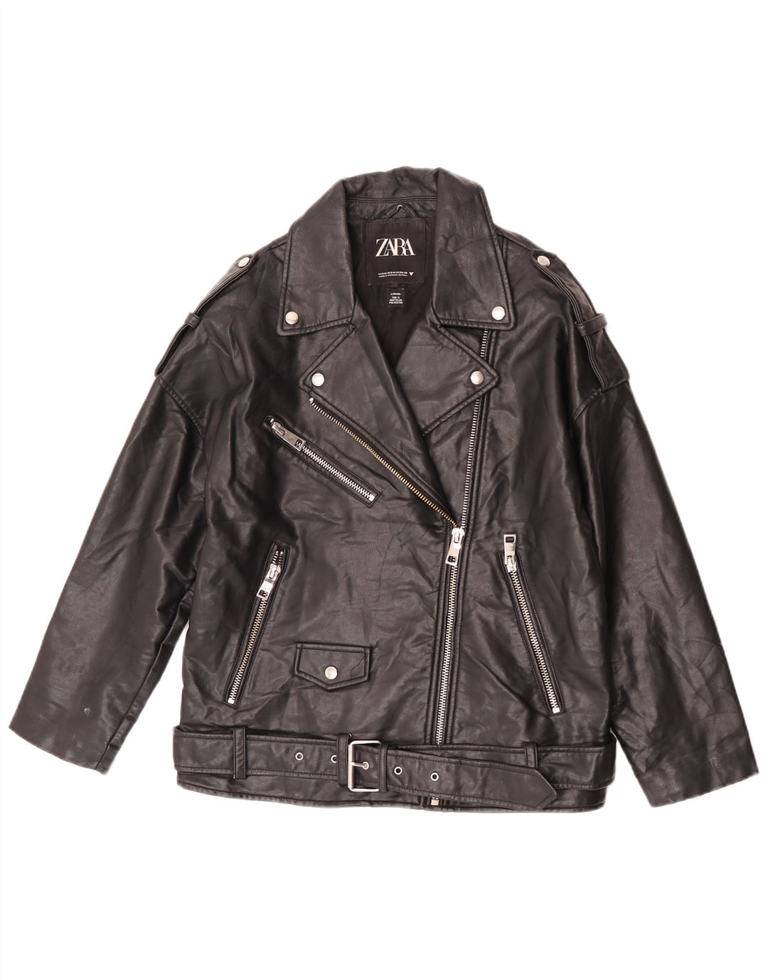 Damska kurtka motocyklowa typu oversize ze sztucznej skóry Zara UK 10, mała, czarna, z poliestru