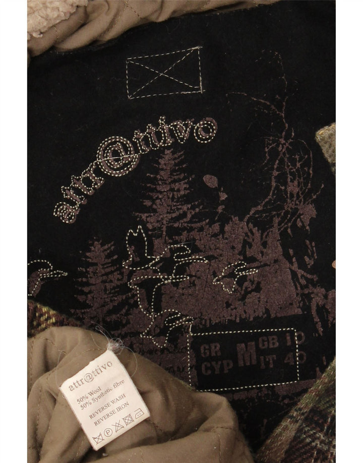 Vintage damski, oversize'owy płaszcz z kapturem, brytyjska 10, mała wełniana kratka khaki