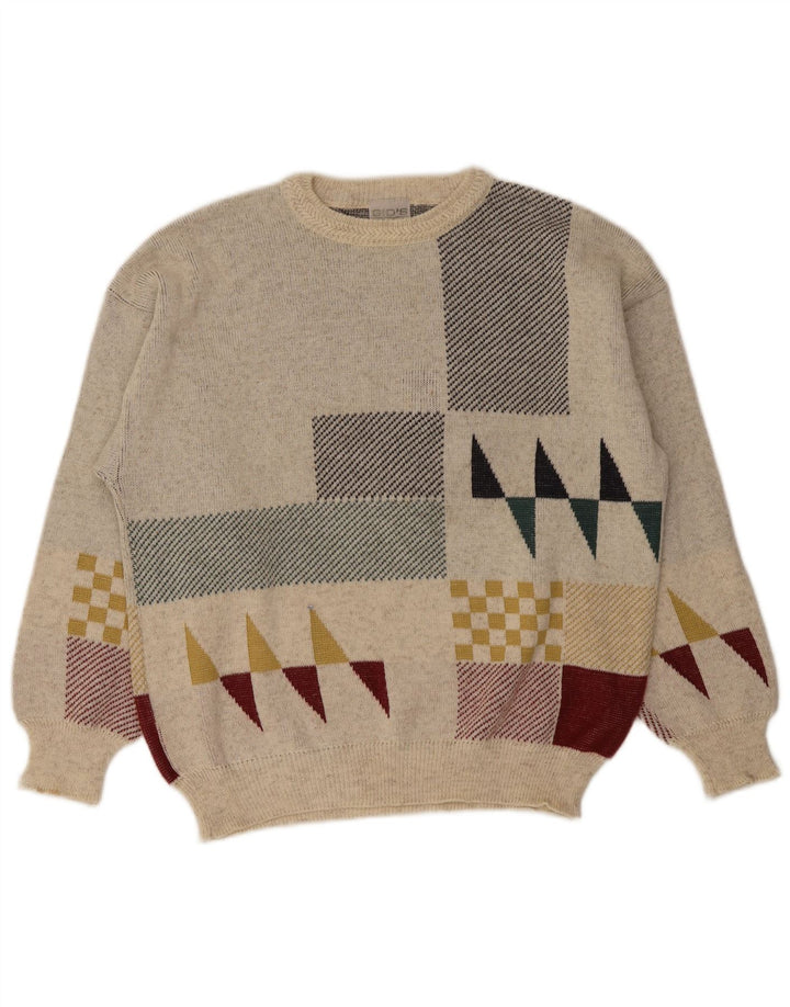 Męski sweter z okrągłym dekoltem w stylu vintage IT 48 Średni złamanej bieli, geometryczna wełna