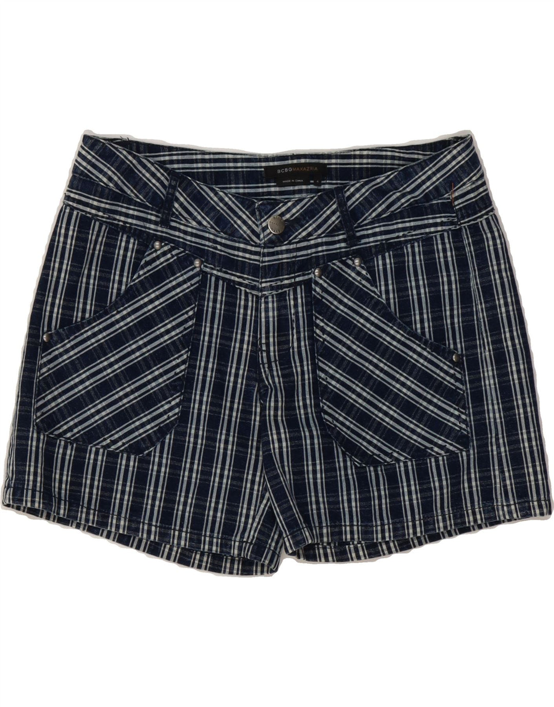 BCBGMAXAZRIA Womens Casual Shorts US 4 Small W30 Navy Blue Check Cotton Vintage BCBGMAXAZRIA and Second-Hand BCBGMAXAZRIA from Messina Hembry 