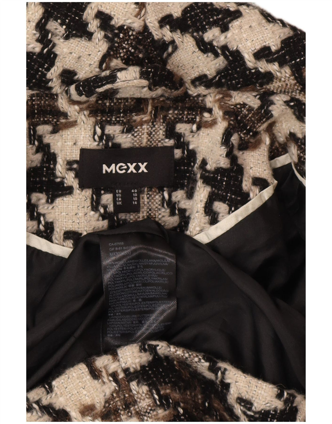 Płaszcz damski Mexx UK 14, duży, czarny, wełniany w pepitkę