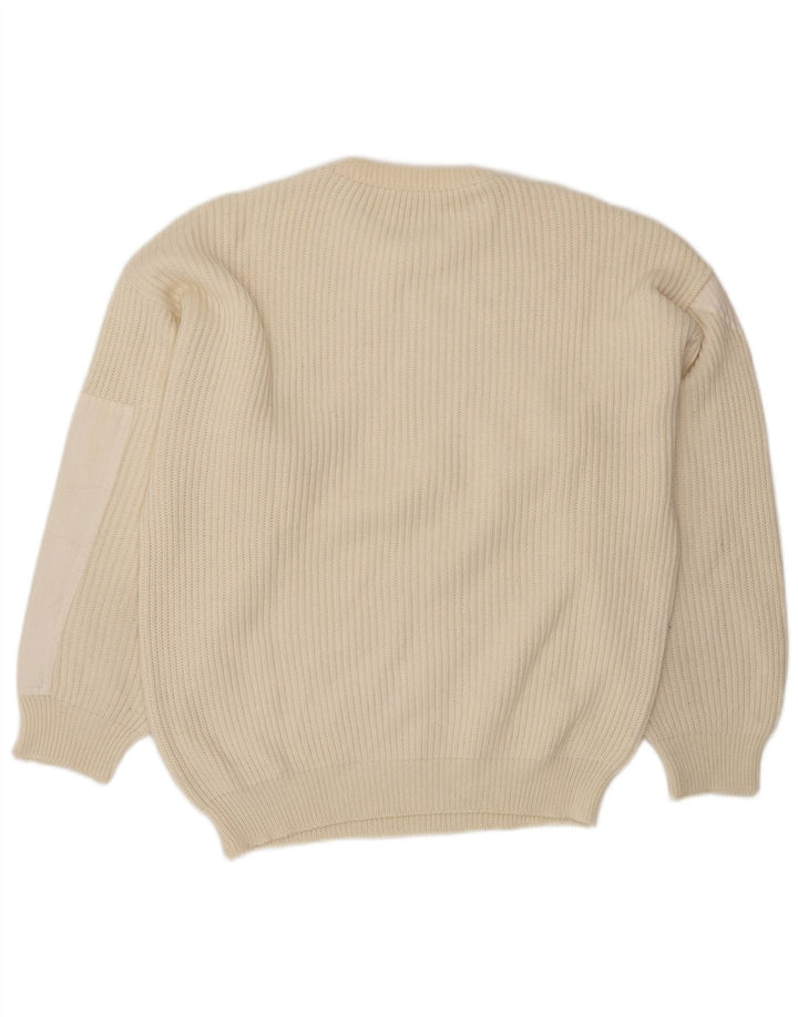 Vintage męski sweter z okrągłym dekoltem, duża beżowa wełna z blokami kolorów