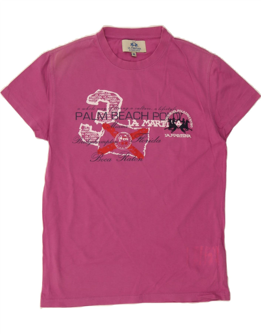 LA MARTINA Womens Graphic T-Shirt Top UK 12 Medium Pink Vintage La Martina and Second-Hand La Martina from Messina Hembry 