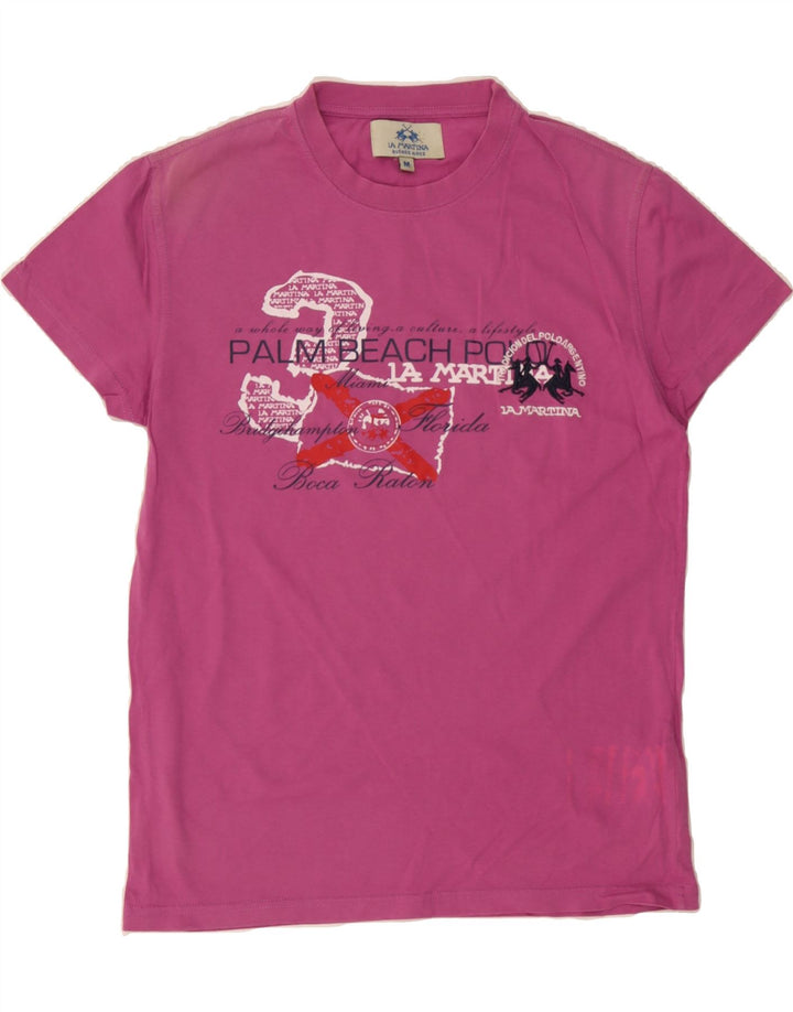 LA MARTINA Womens Graphic T-Shirt Top UK 12 Medium Pink Vintage La Martina and Second-Hand La Martina from Messina Hembry 