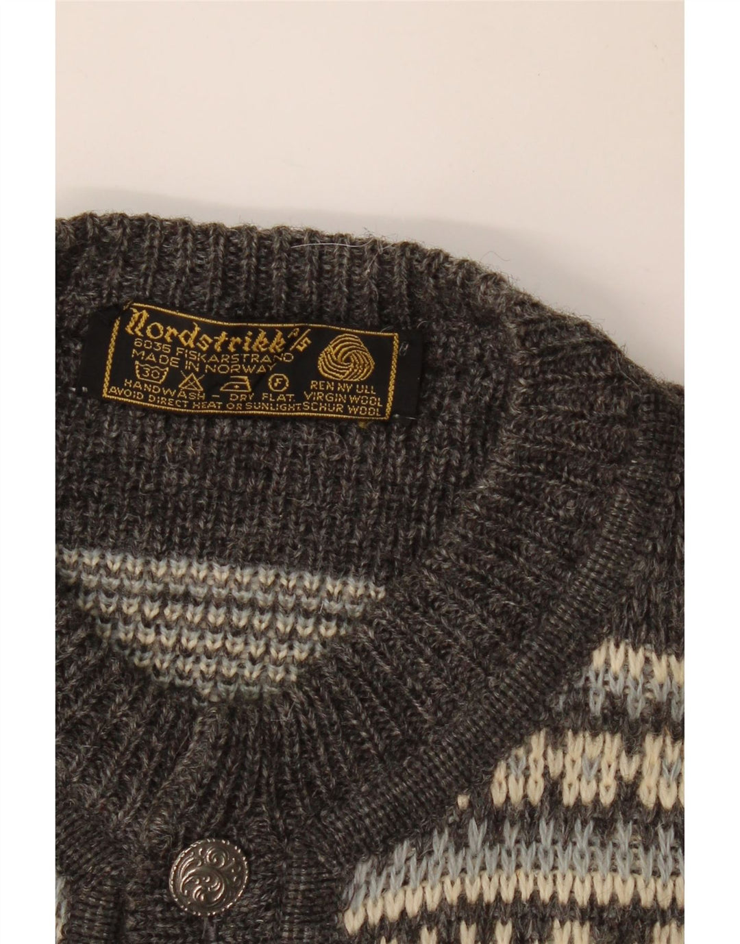 Męski sweter rozpinany NORDSTRIKK, mały, szary, Fair Isle z dziewiczej wełny