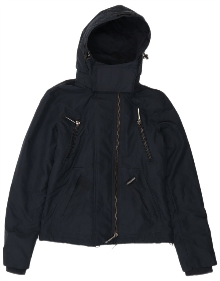 Damska kurtka wiatrówka z kapturem SUPERDRY Graphic UK 8, mała, granatowa
